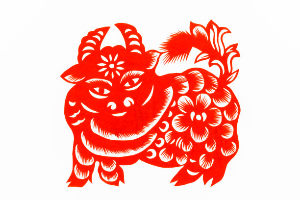 中国传统剪纸，十二生肖。春节，牛年。中国动物农历牛传统剪纸艺术图案。牛剪纸，过年。图片下载