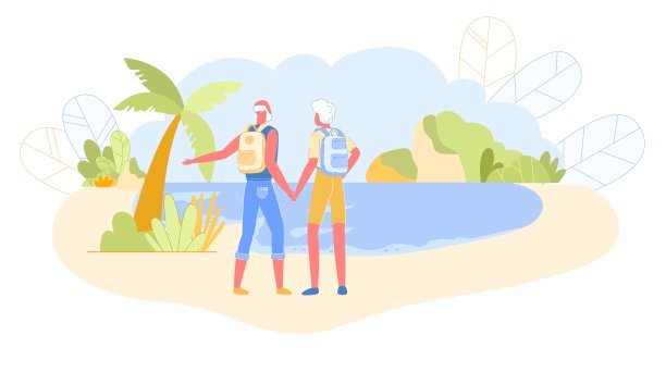 一对在海上背着背包的退休老人图片下载