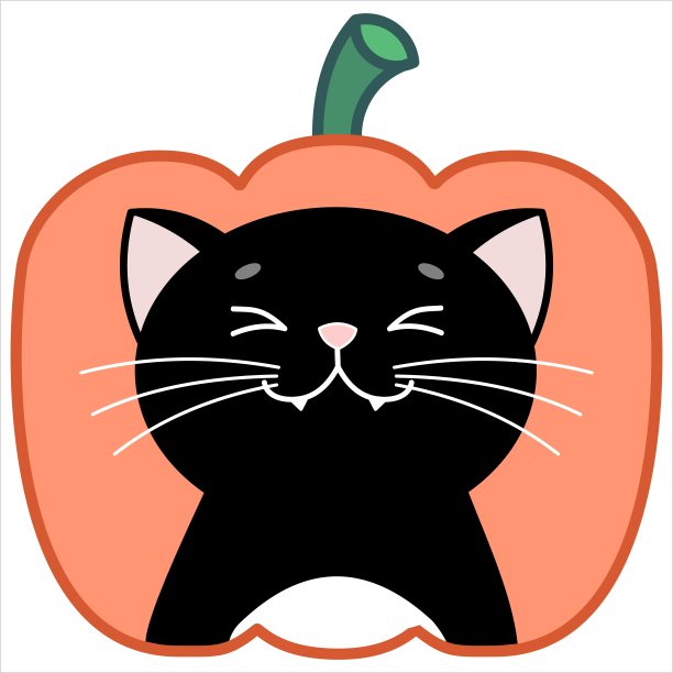 可爱的快乐，快乐的猫，圆形图标，表情符号。南瓜背景上的黑猫。微笑，眯眼，尖牙，牙齿。万圣节。矢量图像孤立在白色背景。图片下载