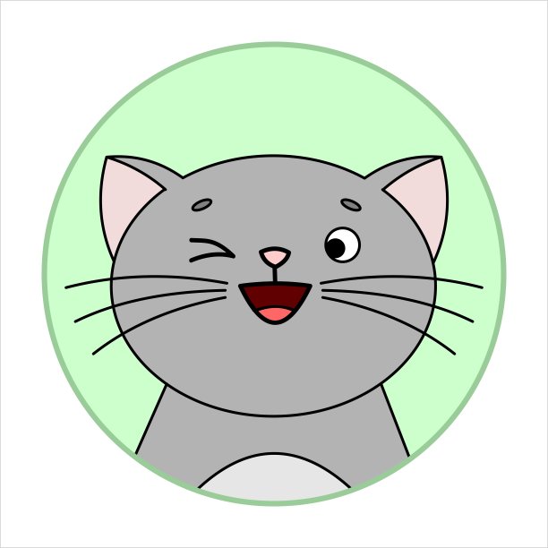 可爱惊讶的猫，圆形图标，表情符号。灰猫有胡子，微笑，一只眼睛眨眼。矢量图像孤立在一个白色的背景。图片下载