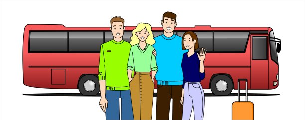 乘坐公共汽车前的一群年轻人。男孩和女孩去巴士旅游度假。现代平面矢量插图，孤立在白色背景。图片下载