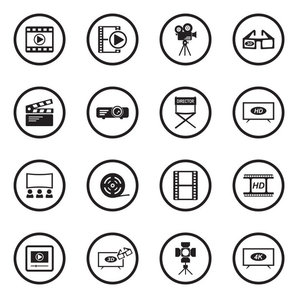电影图标。圆形的黑色平面设计。矢量插图。图片下载