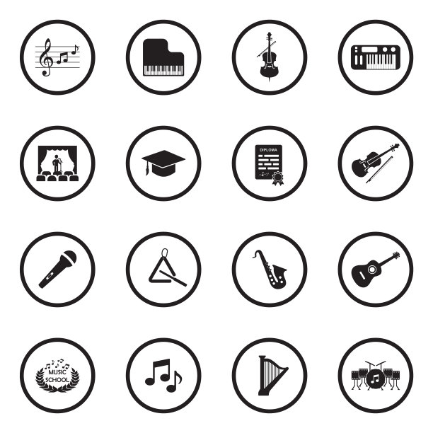 音乐学校图标。圆形的黑色平面设计。矢量插图。图片下载