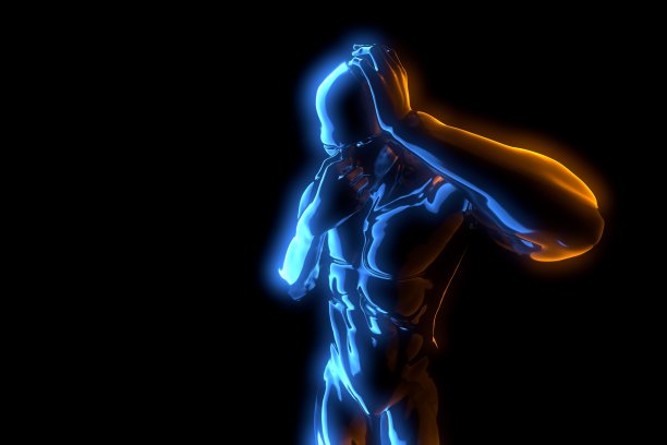 病人与疼痛，头痛，偏头痛，压力，失眠，宿醉手握头在3D插图正面视图孤立在黑色背景。中景镜头图片下载