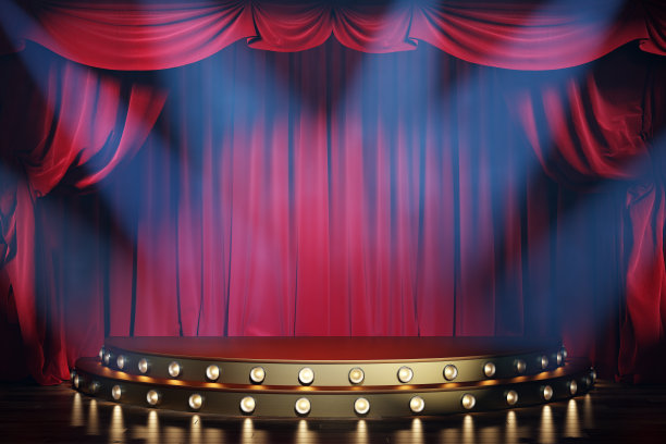 剧院舞台，红色天鹅绒窗帘和音量灯。图片下载