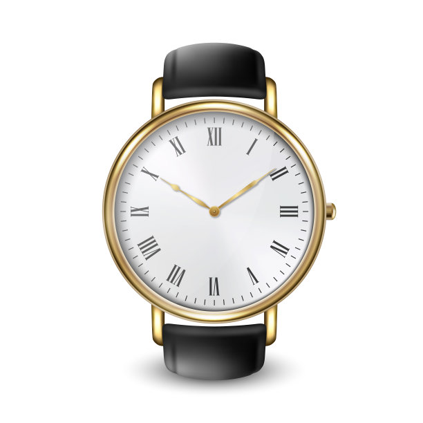 现实金色经典复古中性腕表与罗马数字图标特写孤立在白色背景。黑色皮革表带金属腕表设计模板。矢量图图片下载