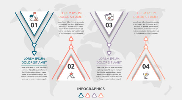 矢量平面信息图模板。带有文本和图标的线三角形，用于四个图表，图表，流程图，时间轴，营销，演示。图片下载