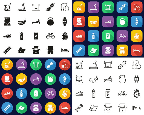 家庭锻炼图标都在一个图标-黑&白颜色平面设计-细线-设置图片下载