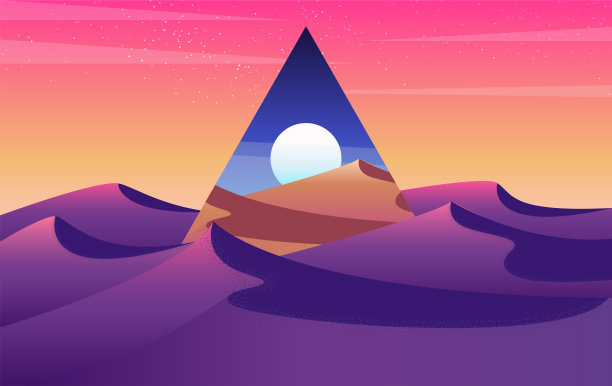 沙漠日落景观与沙丘概念。沙谷中的日落和日出的三角形摘要。矢量图图片下载