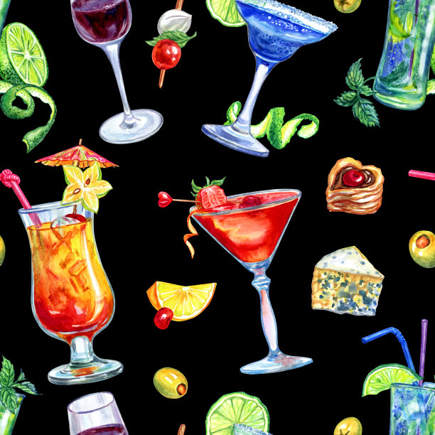黑色背景上无缝的鸡尾酒和烈酒图案图片下载