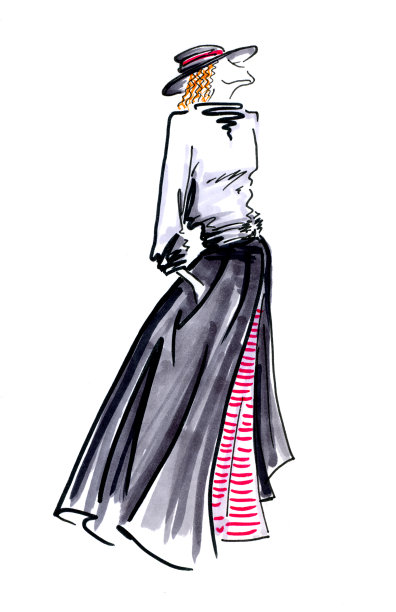 穿着裙子戴着帽子的时尚女孩。徒手画。图片下载
