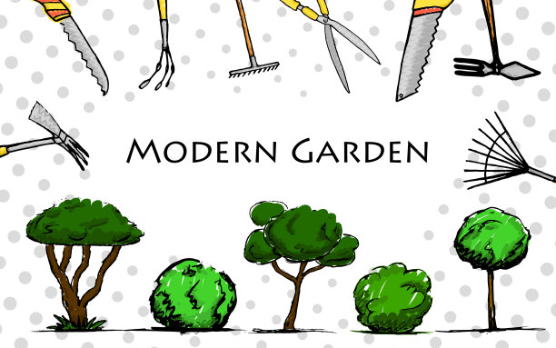 手绘卡片设计与园林植物和一些工具的园艺。图片下载