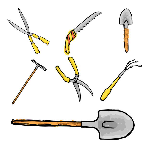 美丽的收集园林工具在素描风格。图片下载