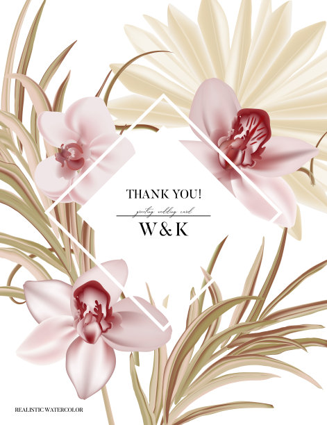 兰花婚礼请柬，花卉请柬绿色潘帕斯草，热带棕榈叶，粉红色花朵盛开装饰节日贺卡。现实向量优雅的水彩质朴的模板，现代的卡片设计图片下载