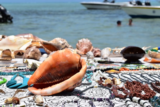 一个小纪念品商店安装在海滩上出售彩色珠宝和贝壳的细节。图片下载