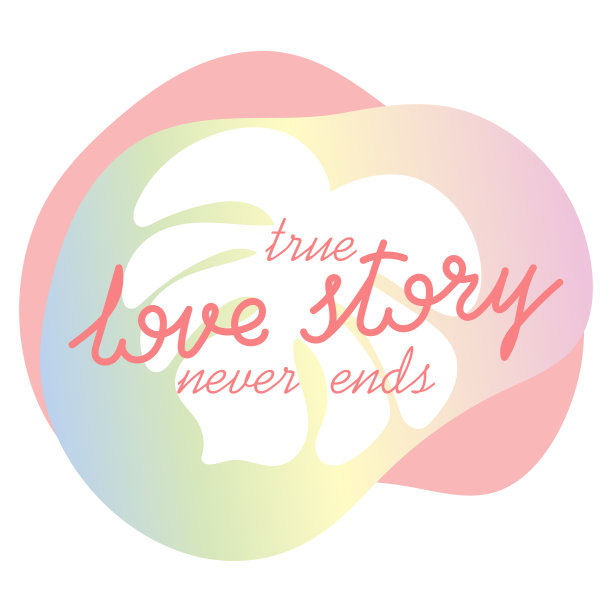 真爱故事永远不会结束，文字。抽象的形状。热带的叶子。矢量模板的小册子，横幅和海报。网页或印刷设计的模板图片下载