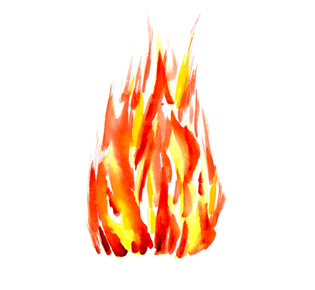 水彩火孤立的白色背景。火舌，文本或字母的模板。手绘黄色和橙色水彩画燃烧篝火，篝火剪影与火花图片下载