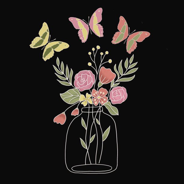 在黑色背景上画上花朵和蝴蝶图片下载