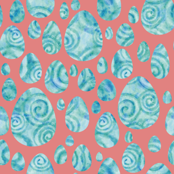 水彩蓝色鸡蛋在红色的背景。明亮的复活节无缝图案。图片下载