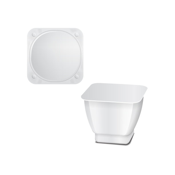 白色塑料容器，有保鲜膜和锡箔盖，用于包装乳制品，酸奶，奶油，甜点，果酱。侧视图和俯视图。矢量正方形包模型模板图片下载