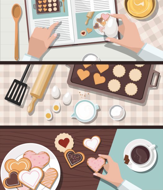 女人烘烤。烘焙用具及饼干的烹饪原料。情人节。图片下载