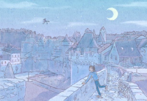 一个男孩在夜空中发现了一个女巫。图片下载