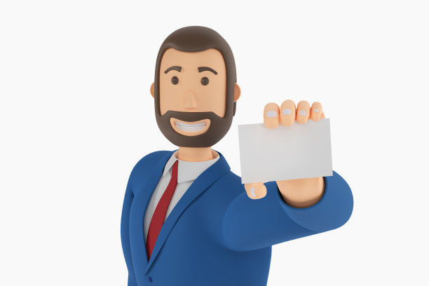 一个卡通商人正拿着一张名片。三维渲染图片下载