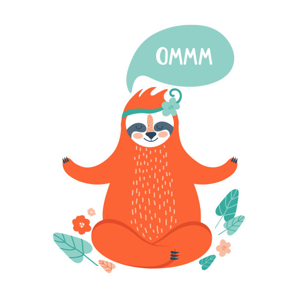 可爱的树懒在莲花姿势沉思。树懒坐着冥想的简单卡通画。可爱的性格懒惰的动物。插图t恤设计，海报，问候，卡片，贴纸，横幅图片下载