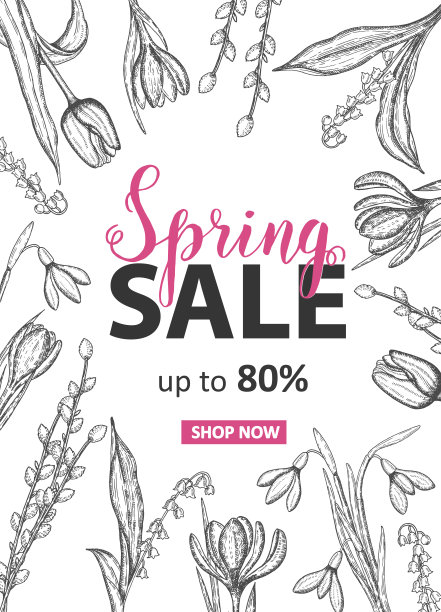 春季特卖会/高达80%的手绘鲜花卡片-山谷百合，郁金香，雪花莲，番红花。手工制作的刻字图片下载