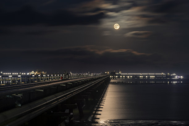 满月下有管道的船桥图片下载