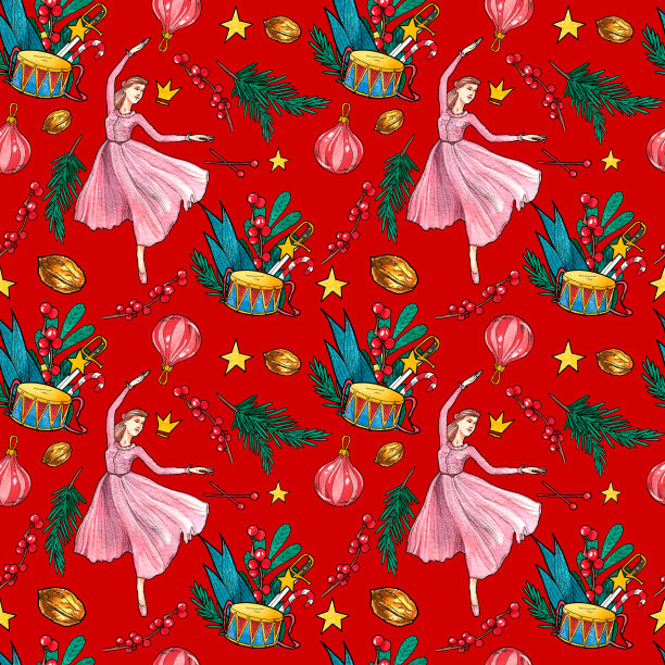 无缝模式的古董玩具。童话胡桃夹子。图片下载