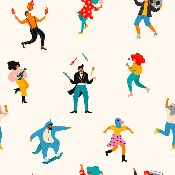 矢量无缝图案与有趣的跳舞的男人和女人在明亮的现代服装。图片下载