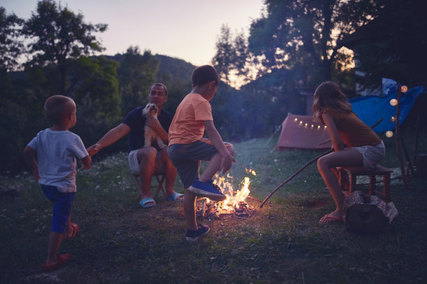父亲和孩子们在后院生火野营。图片下载