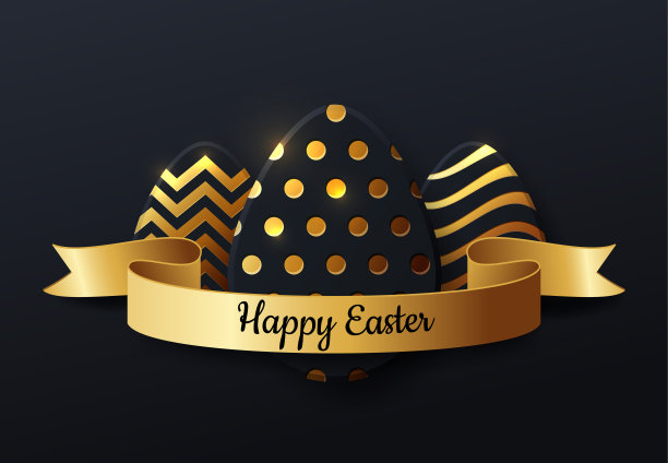 快乐的复活节彩蛋。背景是金色和黑色的鸡蛋与点图案，螺旋和线条图案。为卡片、海报、复活节请柬设计金色和深色的背景。图片下载