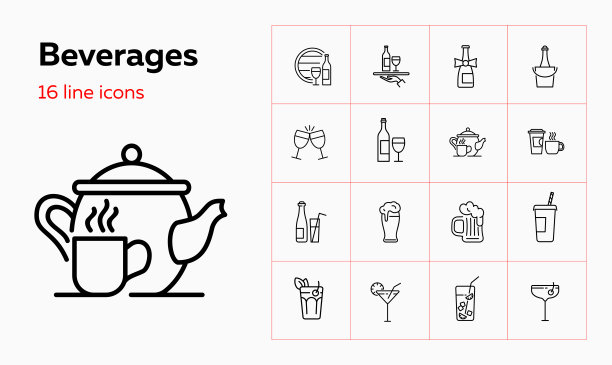 饮料线图标设置。葡萄酒,啤酒,茶图片下载