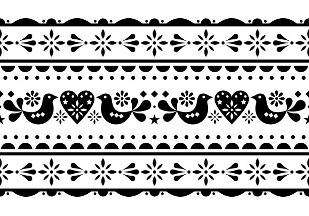 北欧爱情、情人节民间艺术无缝矢量长图案，可爱的北欧花卉设计有鸟、心和花图片下载