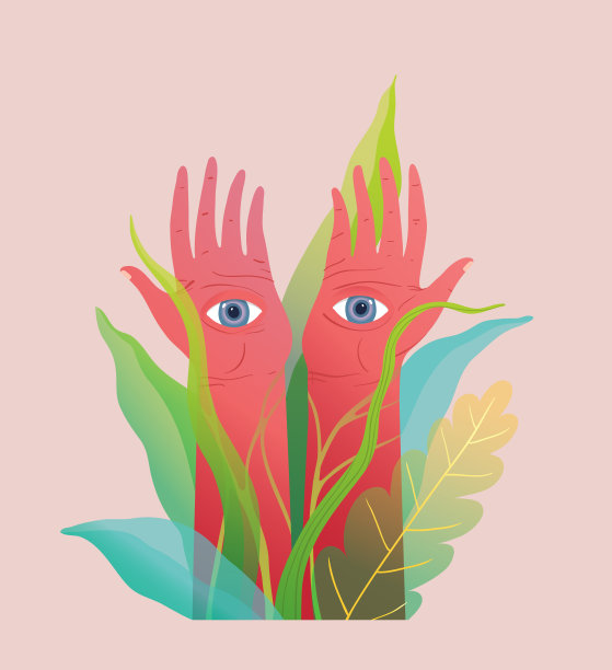 神奇的手艺术版画与眼睛看着在自然的花草和叶子。图片下载