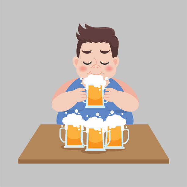 大胖子喜欢喝一杯啤酒，医疗保健概念，矢量插图在一个平坦的风格。图片下载