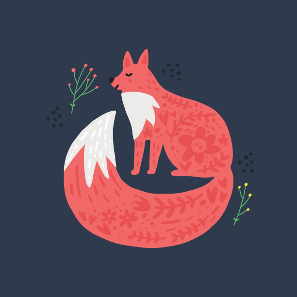野狐手绘平面矢量图。斯堪的纳维亚风格的卡通动物。草枝以浆果、花朵和心形为设计元素。林地哺乳动物孤立在黑色的背景图片下载