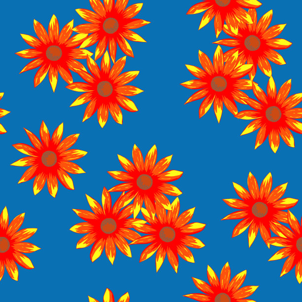 橙色花无缝图案与蓝色背景图片下载