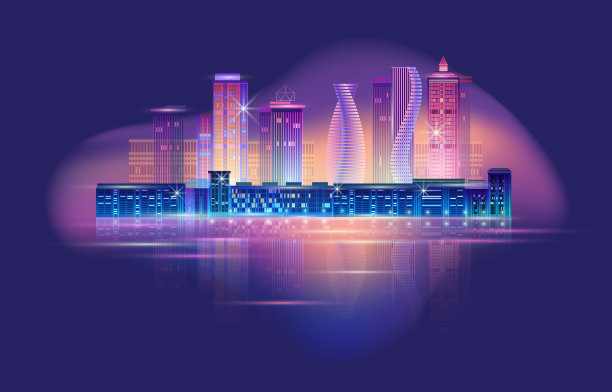 霓虹闪烁的城市夜景。矢量插图。素材图片