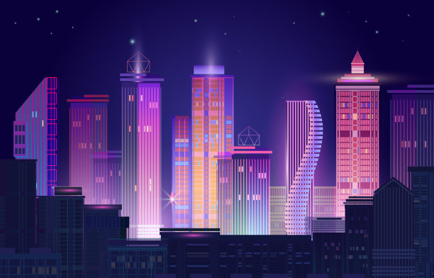 霓虹闪烁的城市夜景。矢量插图。素材图片