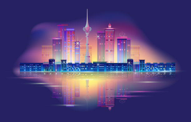 霓虹闪烁的城市夜景。矢量插图。素材图片