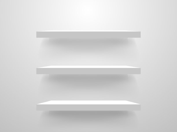 白色的空架子在浅色的墙上。室内设计模型。逼真的货架模板。图书馆书架上收藏。展示空白。矢量图图片下载