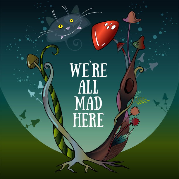 美丽的爱丽丝梦游仙境贺卡框。柴郡猫的图片，蘑菇，植物，树木。矢量图图片下载