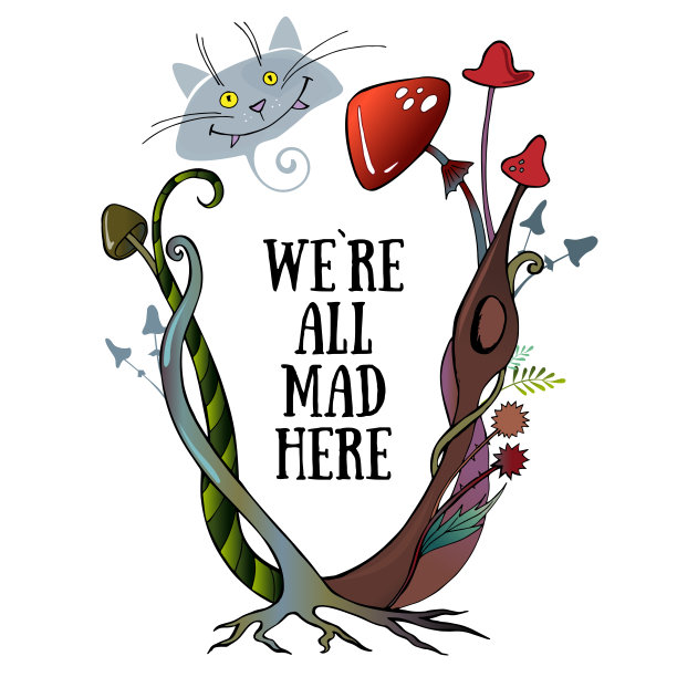 美丽的爱丽丝梦游仙境贺卡框。柴郡猫的图片，蘑菇，植物，树木。矢量插图。图片下载