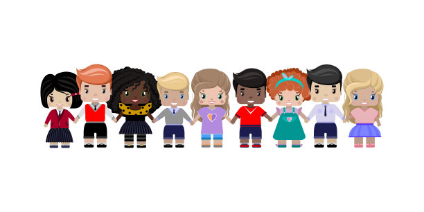 快乐的孩子，不同的种族和颜色的手牵手，微笑图片下载