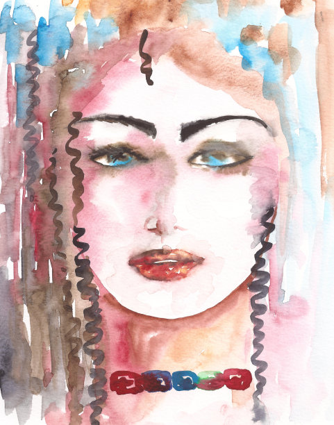 水彩美女肖像，穿着传统服饰图片下载