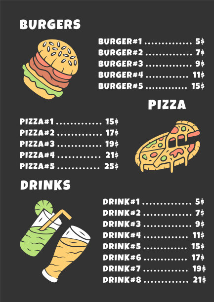 快餐彩色菜单模板。汉堡、披萨、饮料。用线性图标打印设计。概念向量插图。餐厅，咖啡馆横幅，宣传单页上有食品价格的布局图片下载