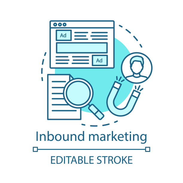入站营销蓝色概念图标。品牌意识理念细线插画。数字营销策略。客户吸引，展示广告。矢量孤立轮廓画。可编辑的中风图片下载